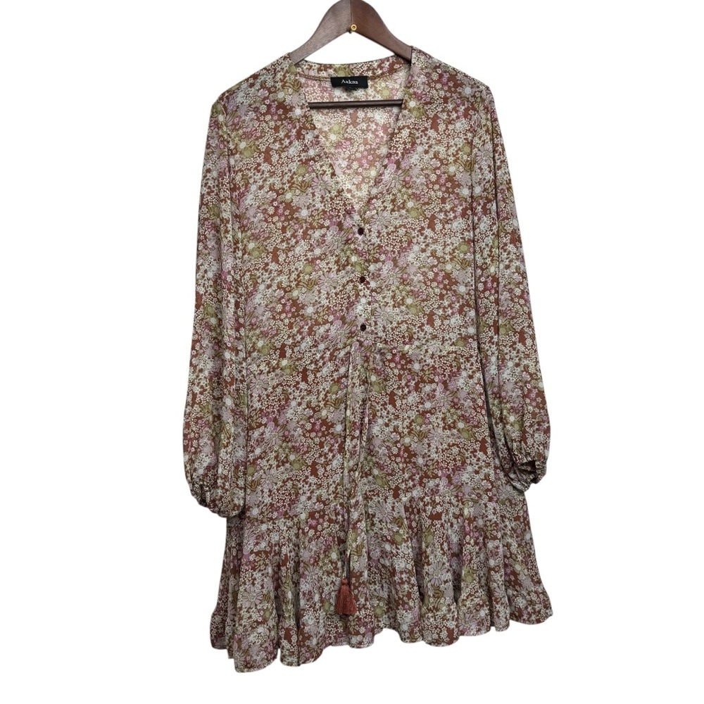 Aakaa Floral V-Neck Dress Ruffle Tie Waist Flowy